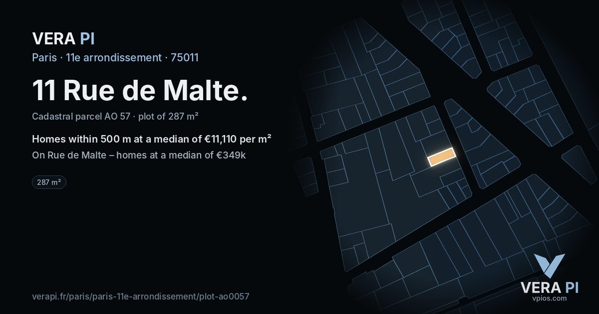 11 Rue de Malte, 11e arrondissement at night – the plot lit, the parcels around coloured by the prices near them