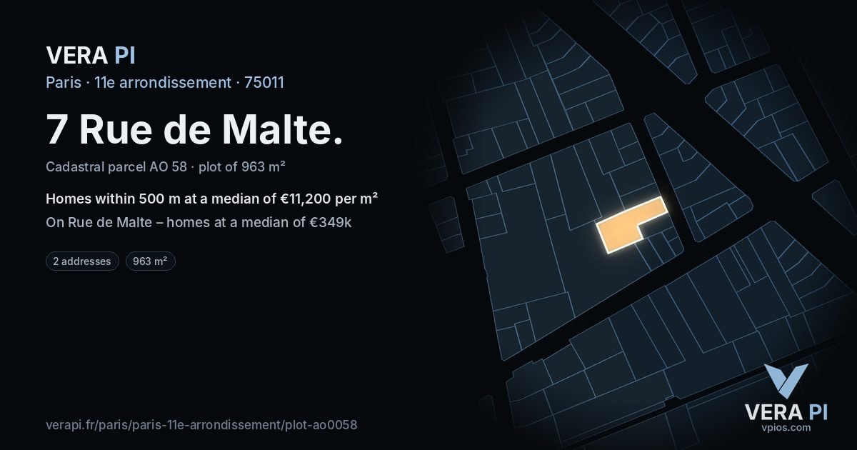 7 Rue de Malte, 11e arrondissement at night – the plot lit, the parcels around coloured by the prices near them