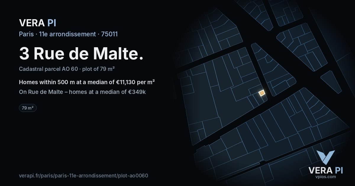 3 Rue de Malte, 11e arrondissement at night – the plot lit, the parcels around coloured by the prices near them