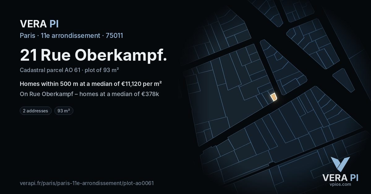 21 Rue Oberkampf, 11e arrondissement at night – the plot lit, the parcels around coloured by the prices near them