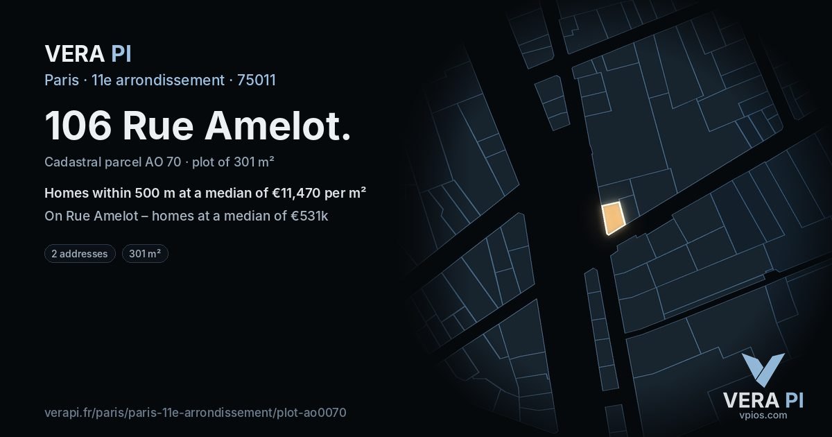 106 Rue Amelot, 11e arrondissement at night – the plot lit, the parcels around coloured by the prices near them