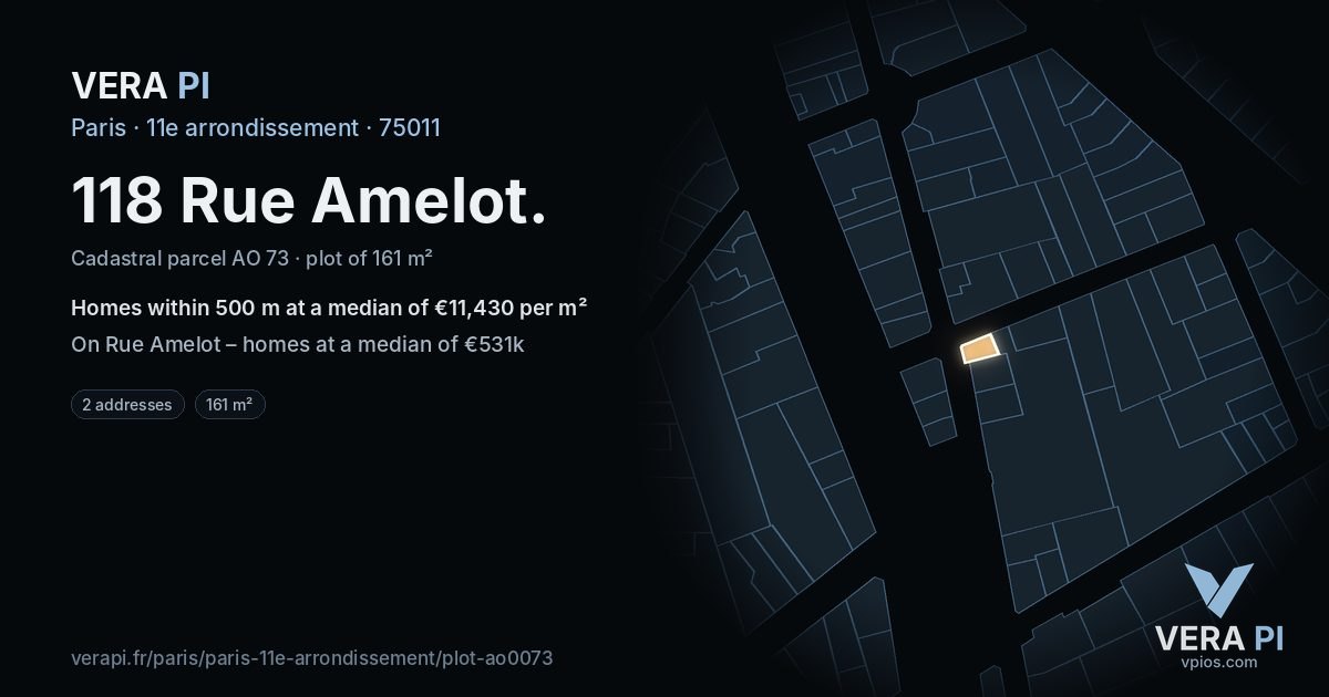 118 Rue Amelot, 11e arrondissement at night – the plot lit, the parcels around coloured by the prices near them