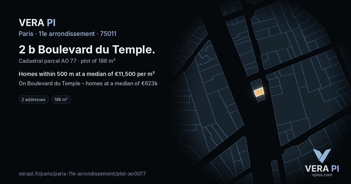 2 b Boulevard du Temple, 11e arrondissement at night – the plot lit, the parcels around coloured by the prices near them