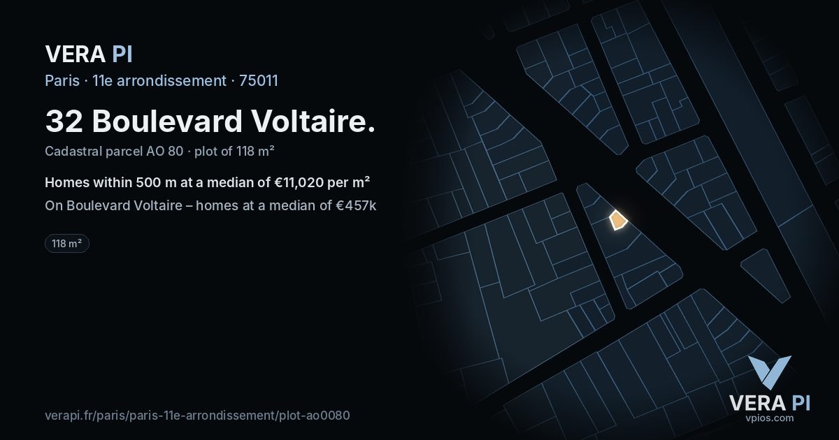 32 Boulevard Voltaire, 11e arrondissement at night – the plot lit, the parcels around coloured by the prices near them