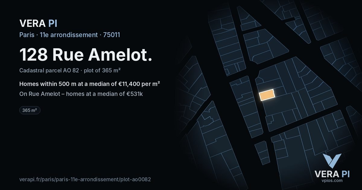 128 Rue Amelot, 11e arrondissement at night – the plot lit, the parcels around coloured by the prices near them