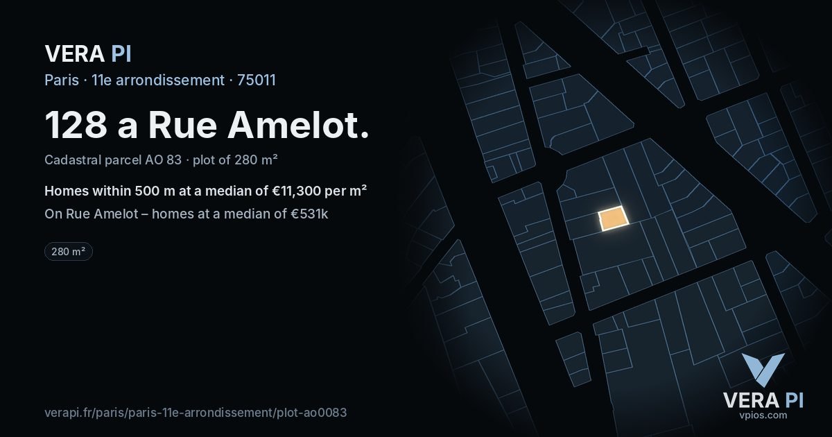 128 a Rue Amelot, 11e arrondissement at night – the plot lit, the parcels around coloured by the prices near them