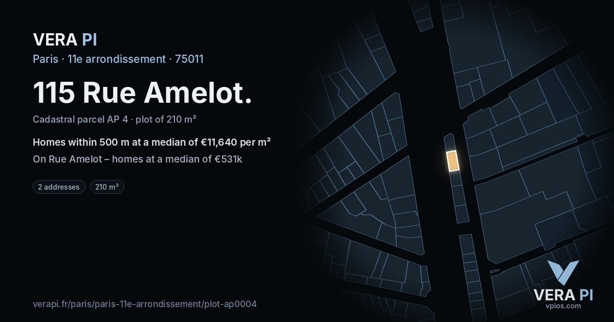 115 Rue Amelot, 11e arrondissement at night – the plot lit, the parcels around coloured by the prices near them