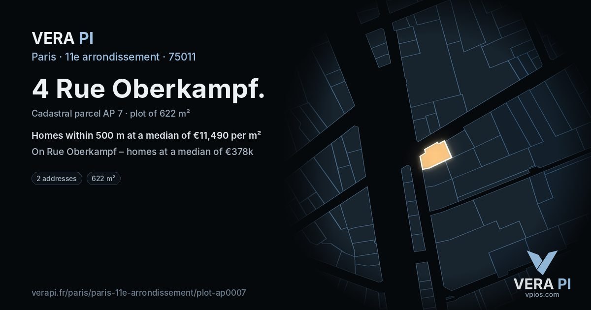 4 Rue Oberkampf, 11e arrondissement at night – the plot lit, the parcels around coloured by the prices near them