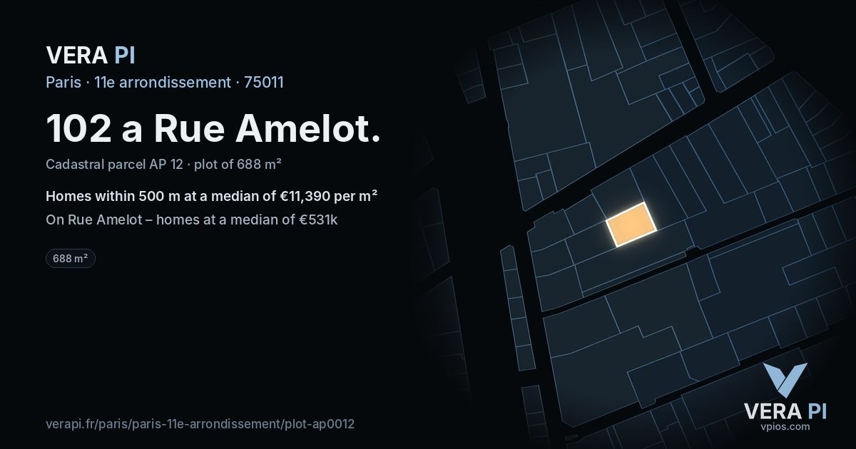 102 a Rue Amelot, 11e arrondissement at night – the plot lit, the parcels around coloured by the prices near them