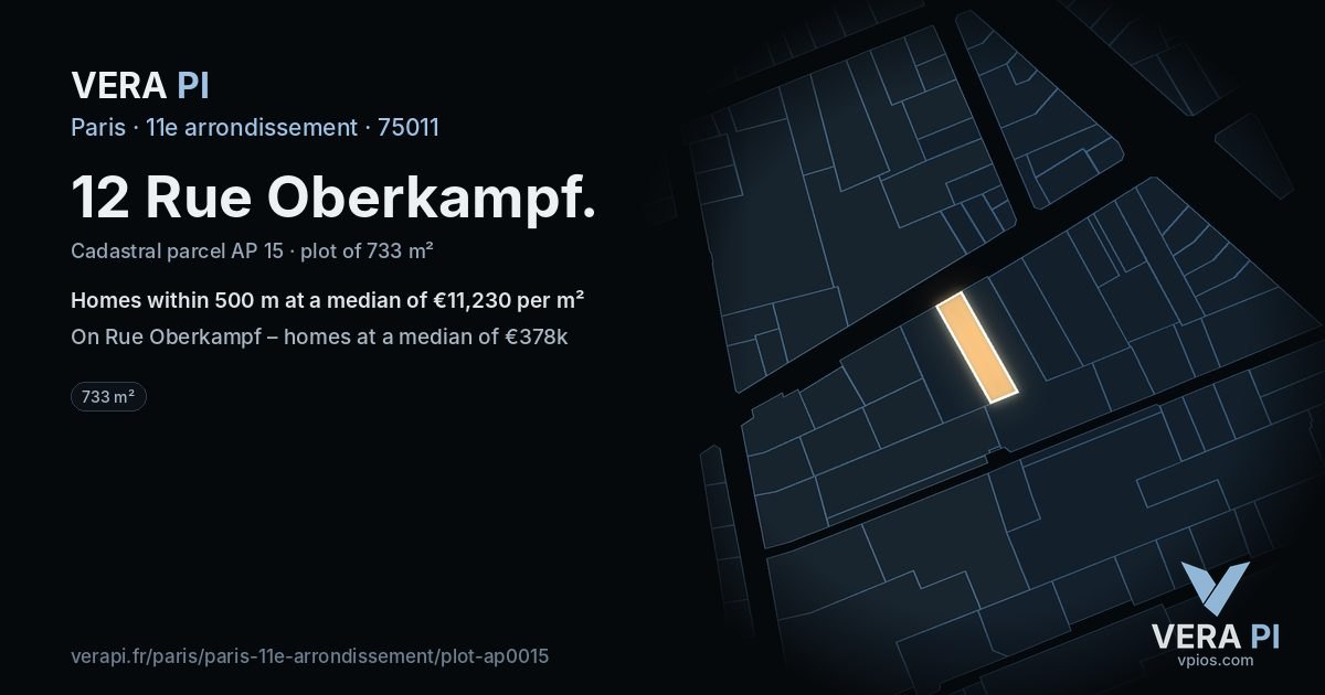 12 Rue Oberkampf, 11e arrondissement at night – the plot lit, the parcels around coloured by the prices near them