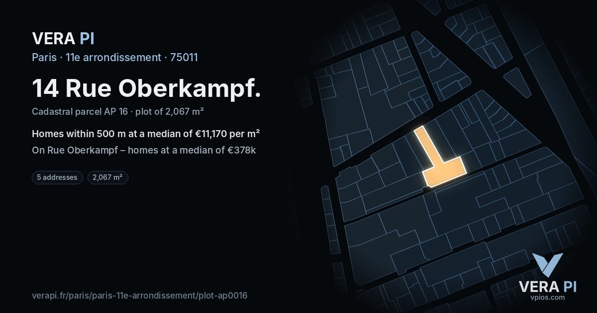 14 Rue Oberkampf, 11e arrondissement at night – the plot lit, the parcels around coloured by the prices near them