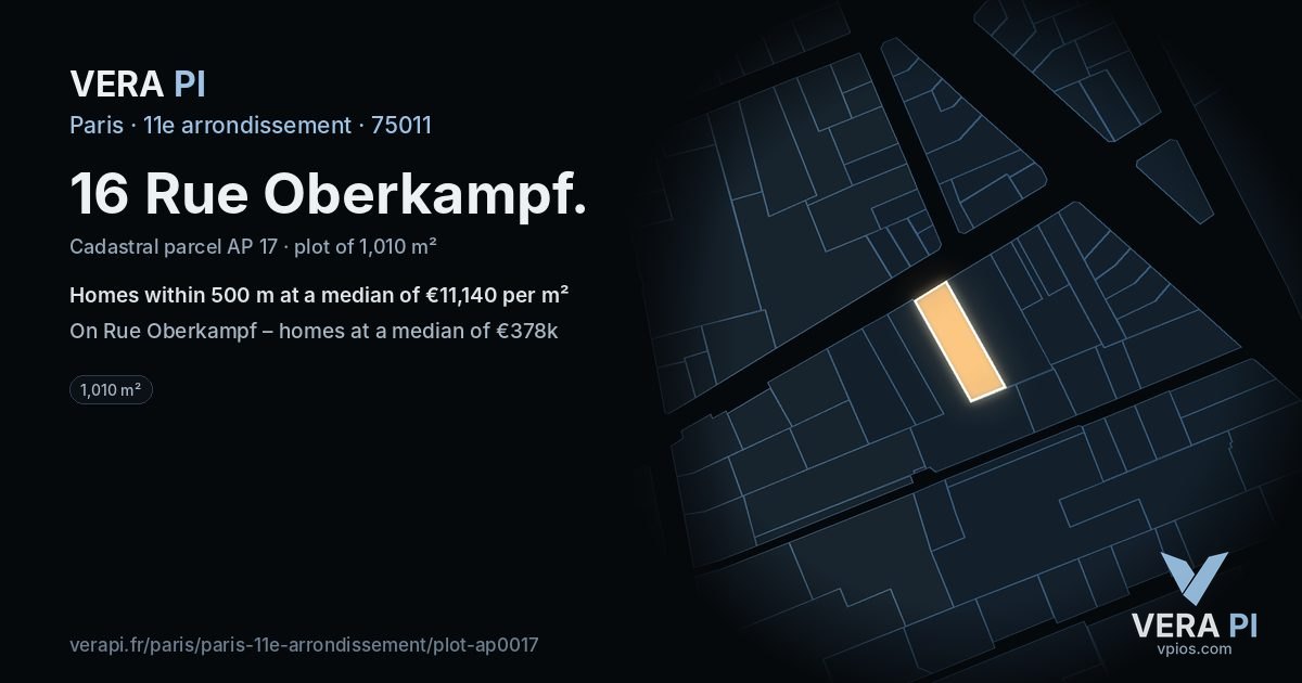 16 Rue Oberkampf, 11e arrondissement at night – the plot lit, the parcels around coloured by the prices near them