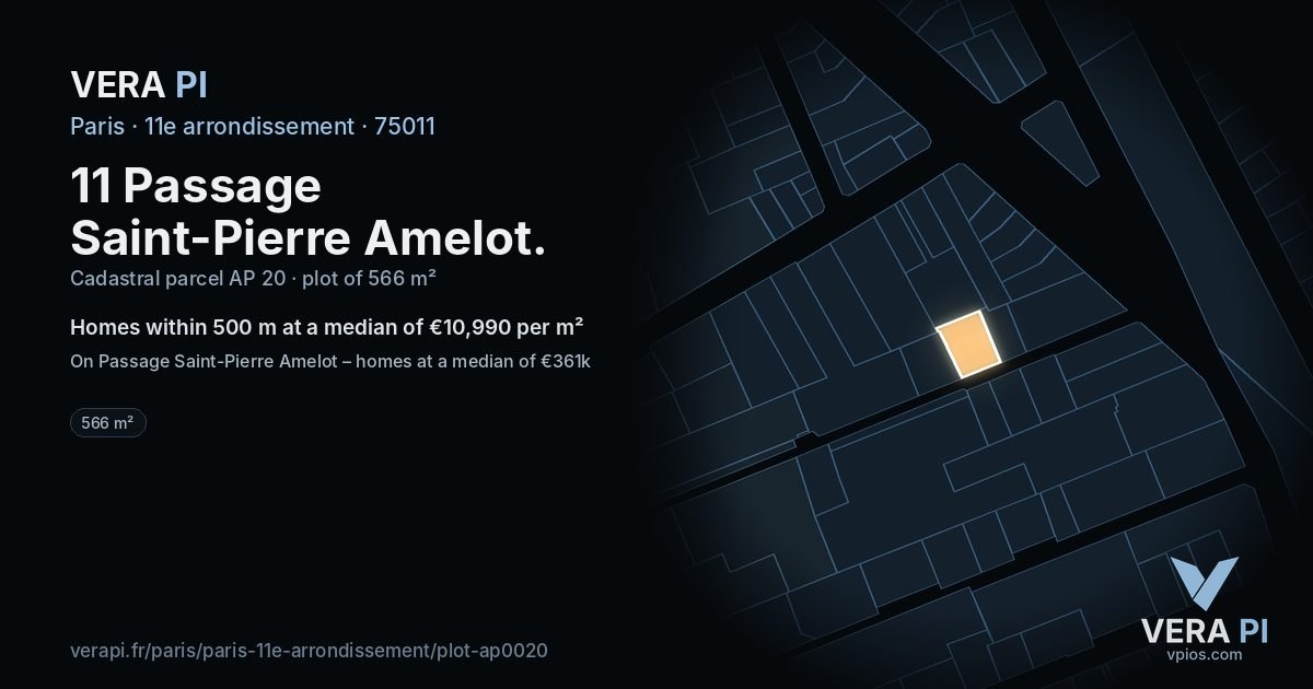 11 Passage Saint-Pierre Amelot, 11e arrondissement at night – the plot lit, the parcels around coloured by the prices near them