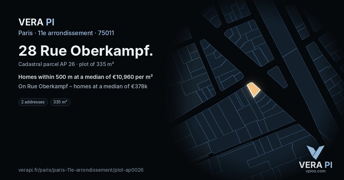 28 Rue Oberkampf, 11e arrondissement at night – the plot lit, the parcels around coloured by the prices near them