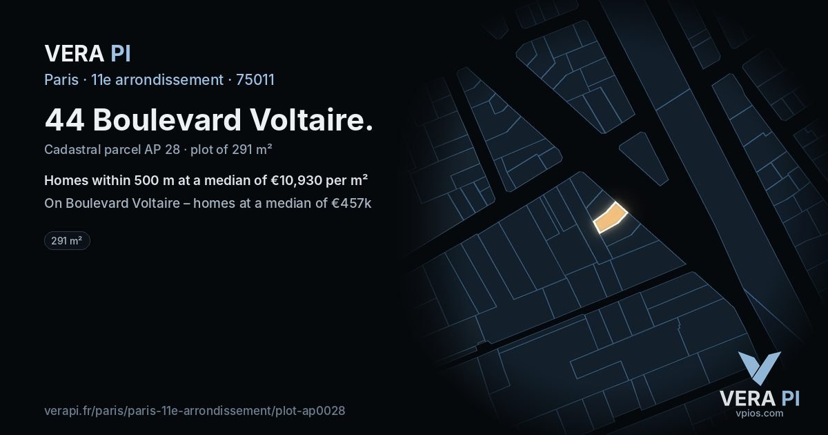 44 Boulevard Voltaire, 11e arrondissement at night – the plot lit, the parcels around coloured by the prices near them