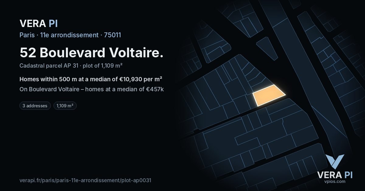 52 Boulevard Voltaire, 11e arrondissement at night – the plot lit, the parcels around coloured by the prices near them