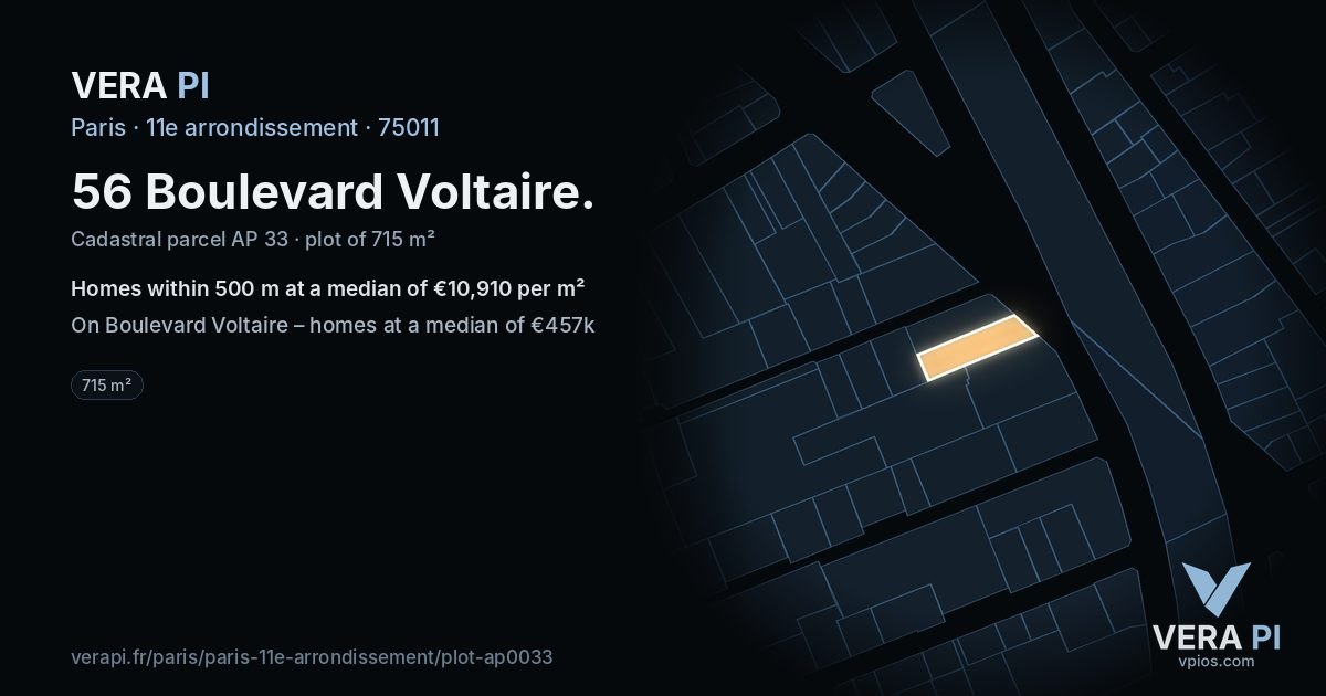 56 Boulevard Voltaire, 11e arrondissement at night – the plot lit, the parcels around coloured by the prices near them