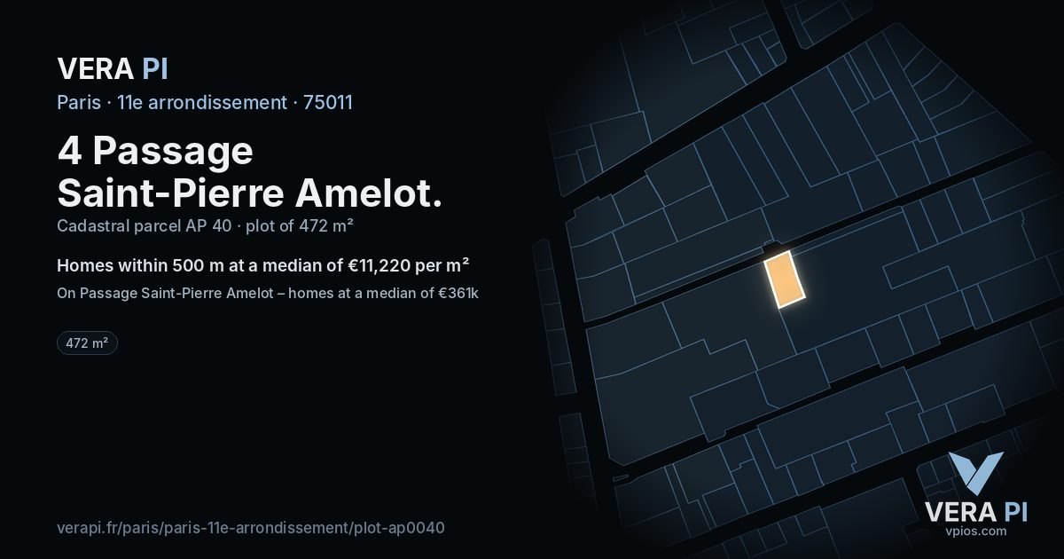 4 Passage Saint-Pierre Amelot, 11e arrondissement at night – the plot lit, the parcels around coloured by the prices near them