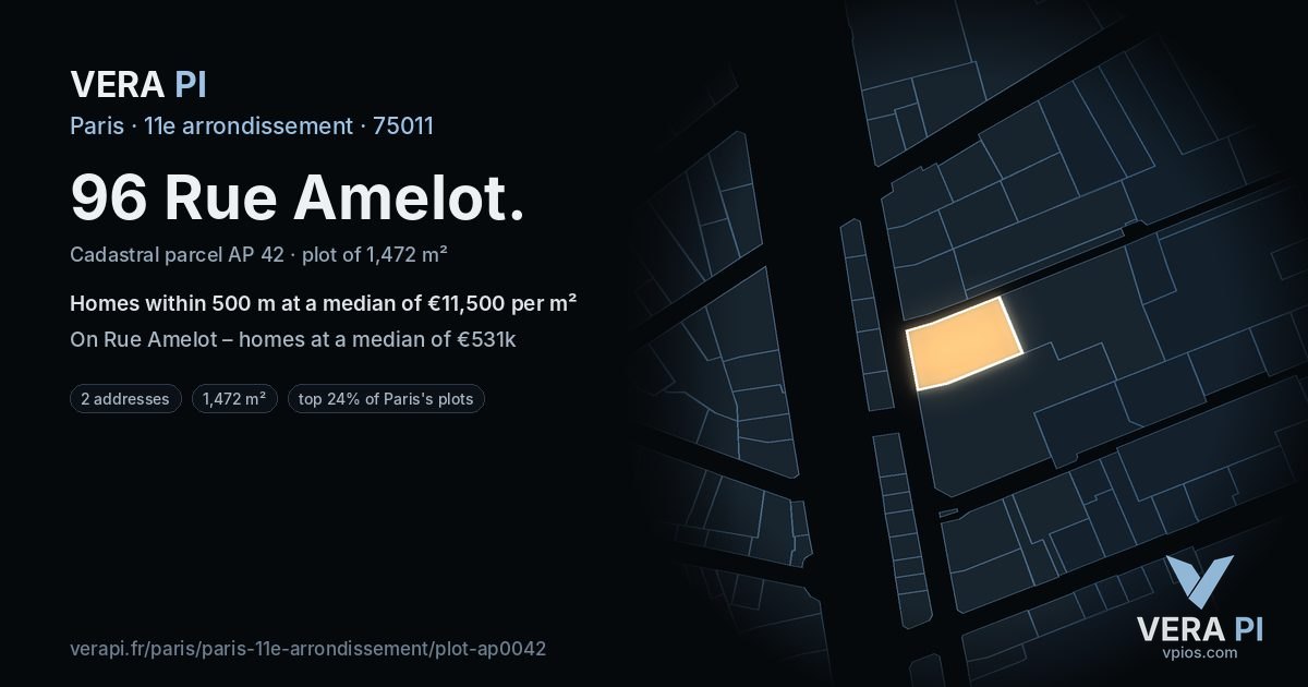 96 Rue Amelot, 11e arrondissement at night – the plot lit, the parcels around coloured by the prices near them