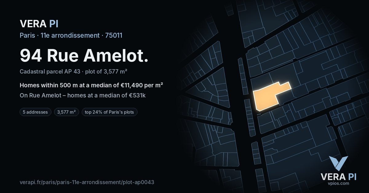 94 Rue Amelot, 11e arrondissement at night – the plot lit, the parcels around coloured by the prices near them