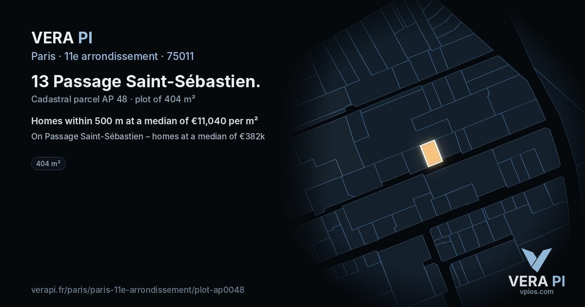 13 Passage Saint-Sébastien, 11e arrondissement at night – the plot lit, the parcels around coloured by the prices near them