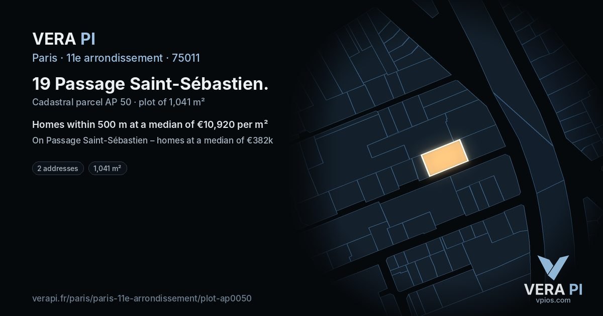 19 Passage Saint-Sébastien, 11e arrondissement at night – the plot lit, the parcels around coloured by the prices near them