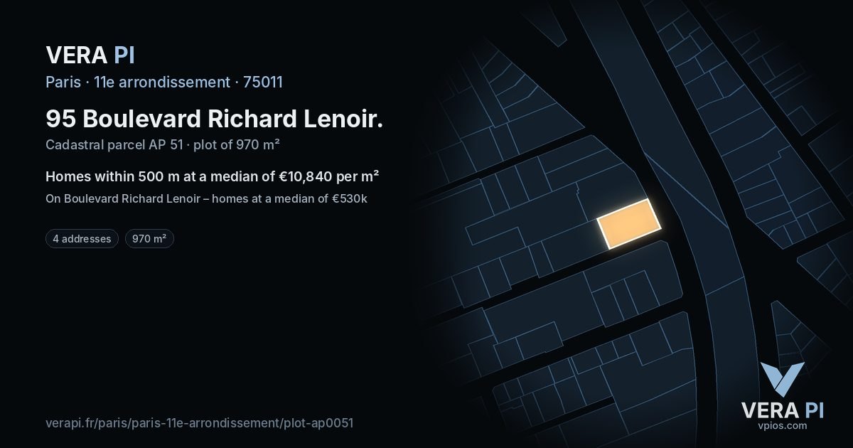 95 Boulevard Richard Lenoir, 11e arrondissement at night – the plot lit, the parcels around coloured by the prices near them