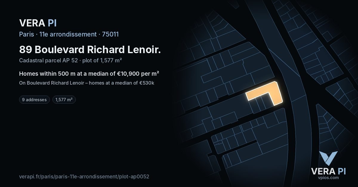 89 Boulevard Richard Lenoir, 11e arrondissement at night – the plot lit, the parcels around coloured by the prices near them