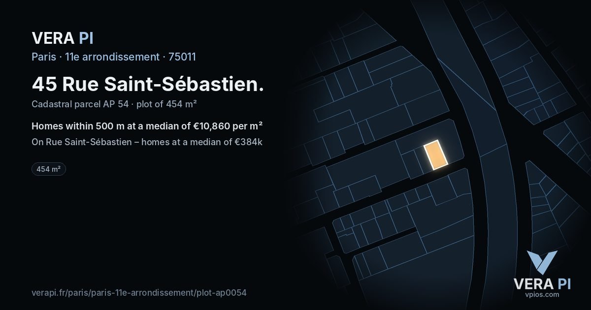 45 Rue Saint-Sébastien, 11e arrondissement at night – the plot lit, the parcels around coloured by the prices near them