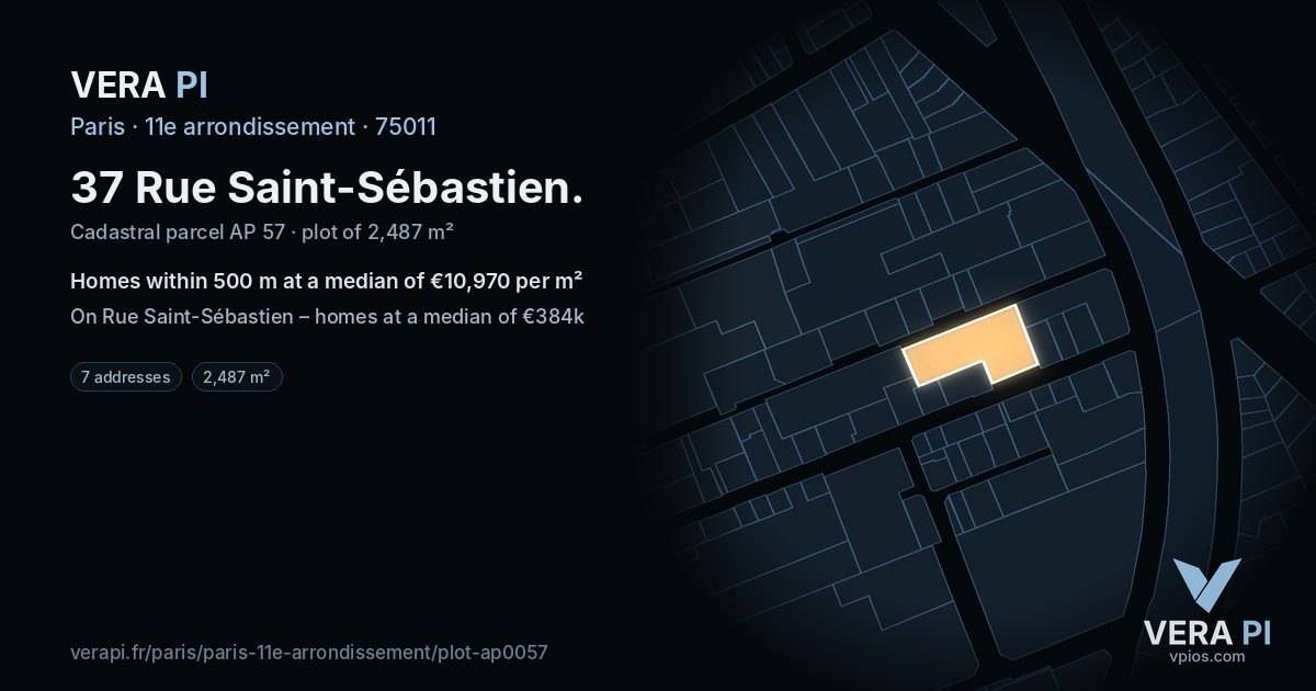 37 Rue Saint-Sébastien, 11e arrondissement at night – the plot lit, the parcels around coloured by the prices near them