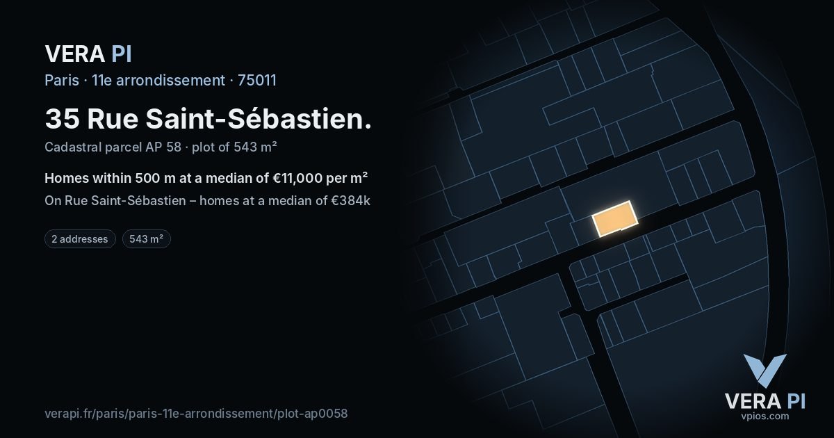35 Rue Saint-Sébastien, 11e arrondissement at night – the plot lit, the parcels around coloured by the prices near them
