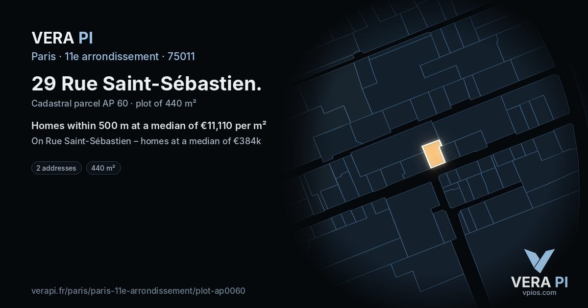 29 Rue Saint-Sébastien, 11e arrondissement at night – the plot lit, the parcels around coloured by the prices near them