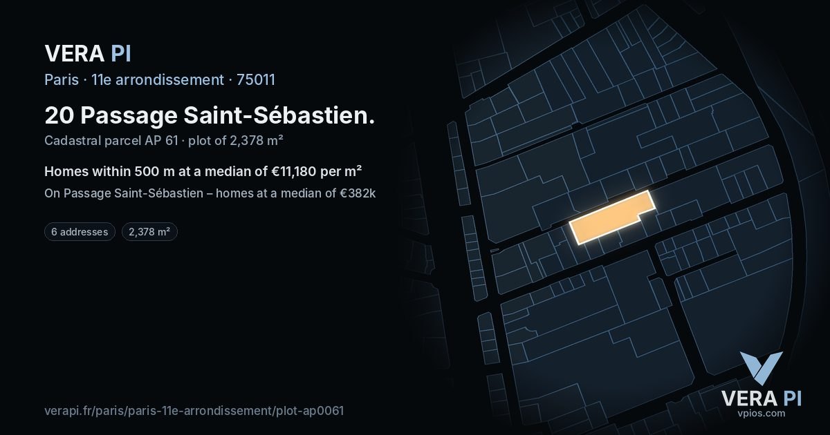 20 Passage Saint-Sébastien, 11e arrondissement at night – the plot lit, the parcels around coloured by the prices near them