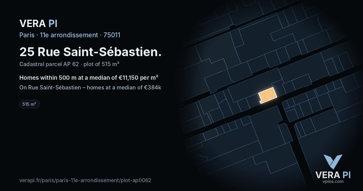 25 Rue Saint-Sébastien, 11e arrondissement at night – the plot lit, the parcels around coloured by the prices near them