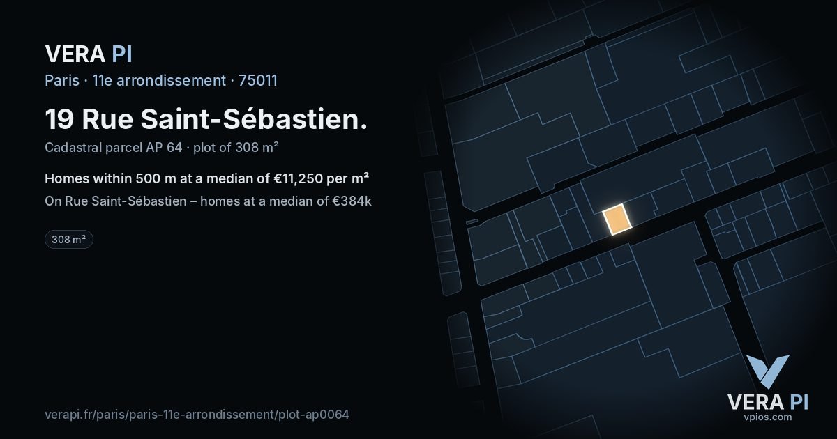 19 Rue Saint-Sébastien, 11e arrondissement at night – the plot lit, the parcels around coloured by the prices near them