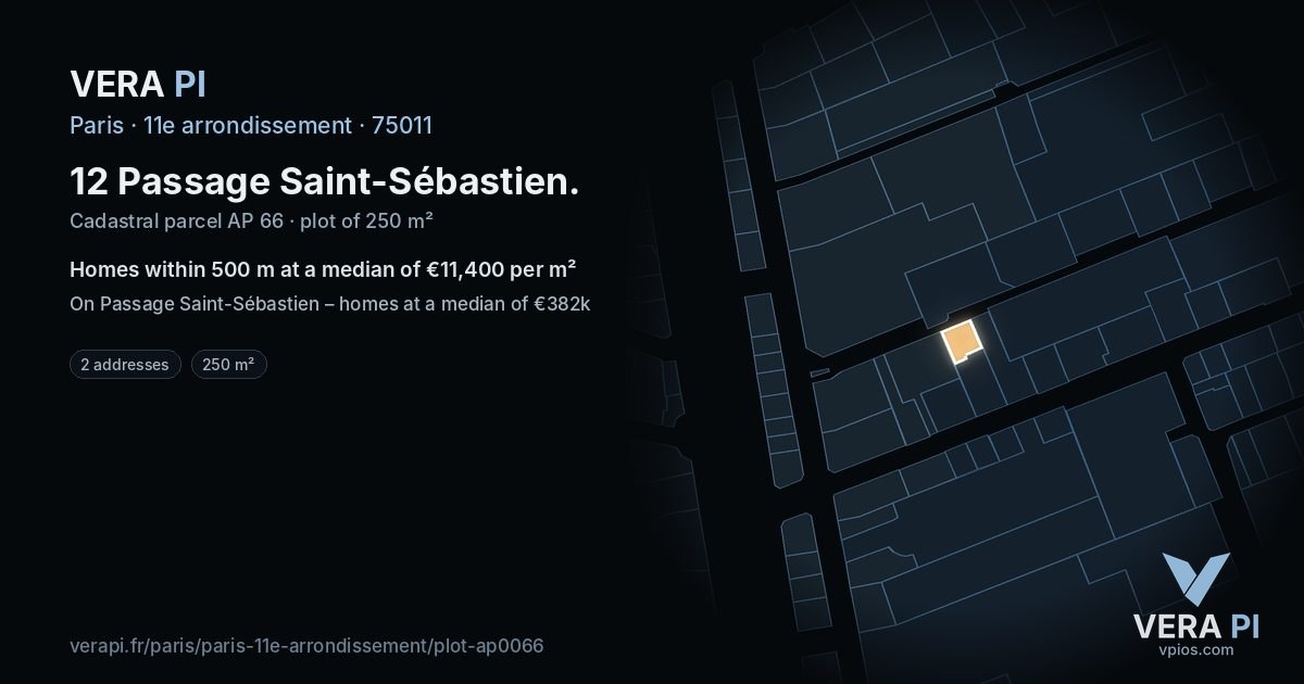 12 Passage Saint-Sébastien, 11e arrondissement at night – the plot lit, the parcels around coloured by the prices near them