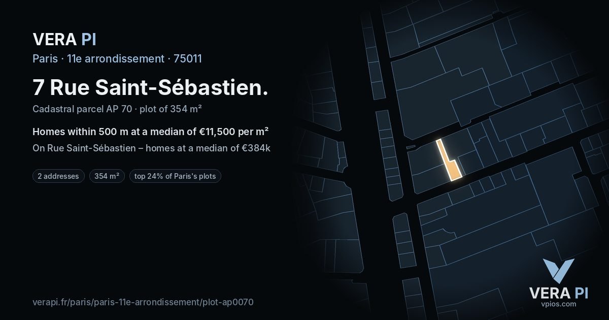 7 Rue Saint-Sébastien, 11e arrondissement at night – the plot lit, the parcels around coloured by the prices near them