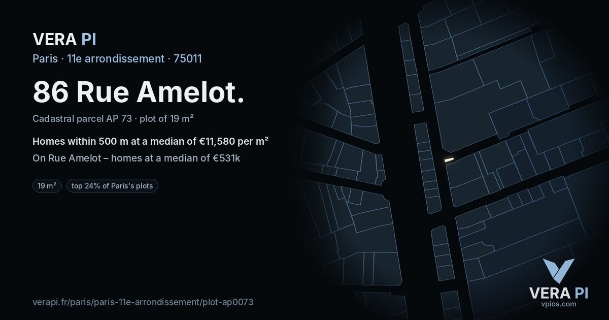 86 Rue Amelot, 11e arrondissement at night – the plot lit, the parcels around coloured by the prices near them