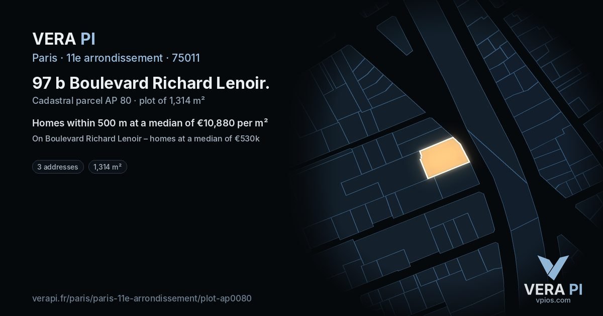 97 b Boulevard Richard Lenoir, 11e arrondissement at night – the plot lit, the parcels around coloured by the prices near them