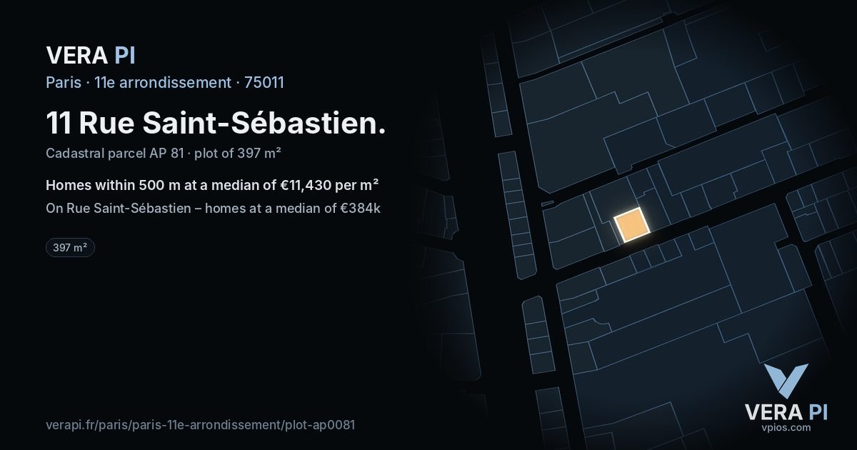 11 Rue Saint-Sébastien, 11e arrondissement at night – the plot lit, the parcels around coloured by the prices near them