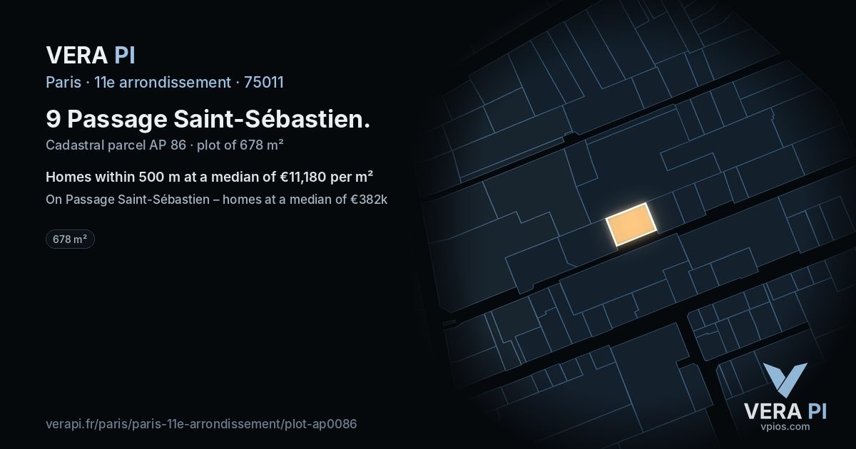 9 Passage Saint-Sébastien, 11e arrondissement at night – the plot lit, the parcels around coloured by the prices near them