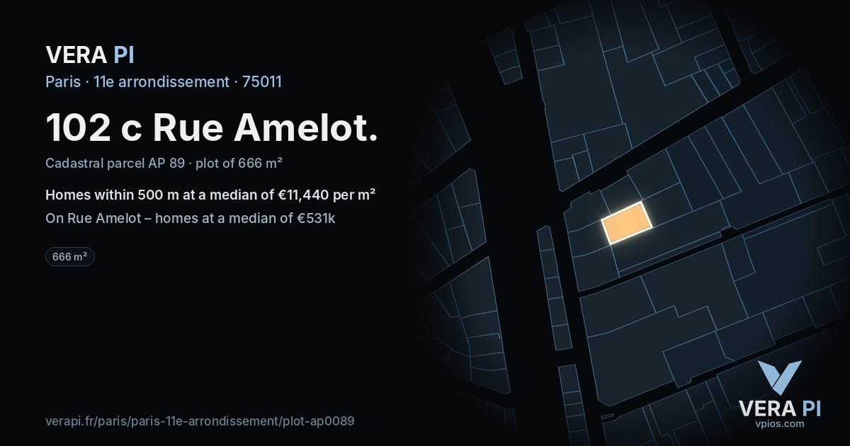 102 c Rue Amelot, 11e arrondissement at night – the plot lit, the parcels around coloured by the prices near them