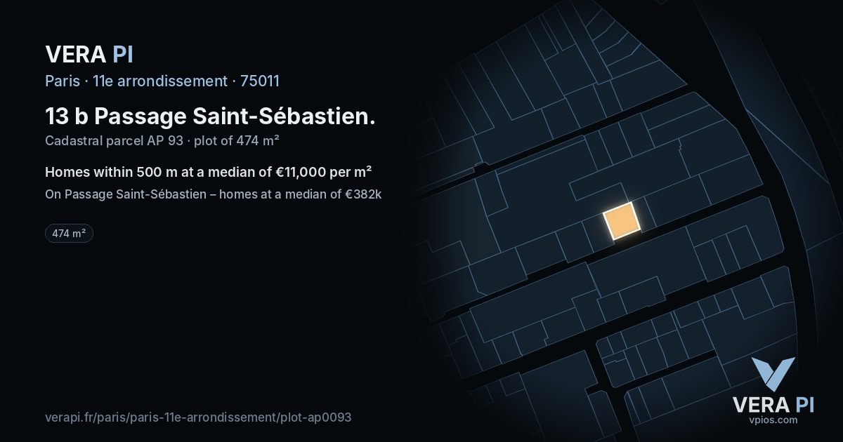 13 b Passage Saint-Sébastien, 11e arrondissement at night – the plot lit, the parcels around coloured by the prices near them