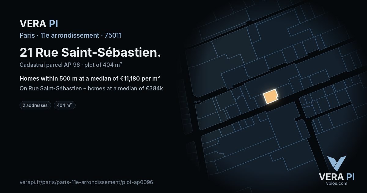 21 Rue Saint-Sébastien, 11e arrondissement at night – the plot lit, the parcels around coloured by the prices near them