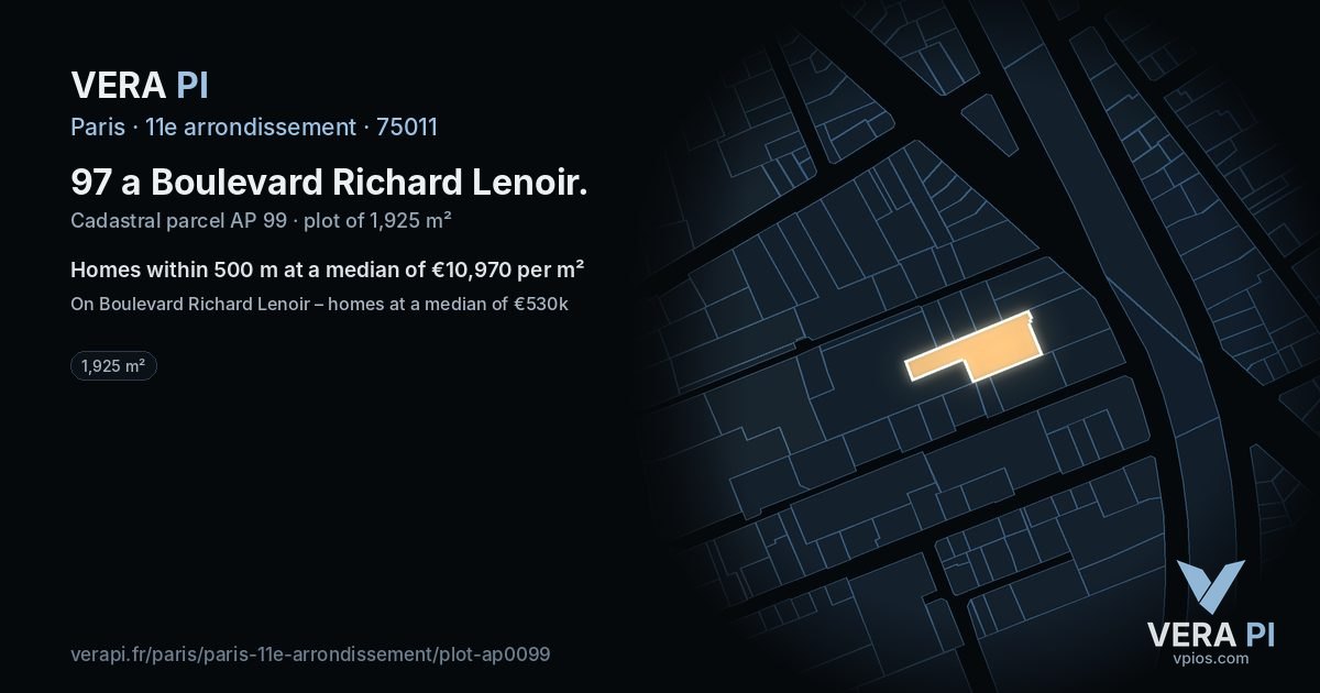 97 a Boulevard Richard Lenoir, 11e arrondissement at night – the plot lit, the parcels around coloured by the prices near them