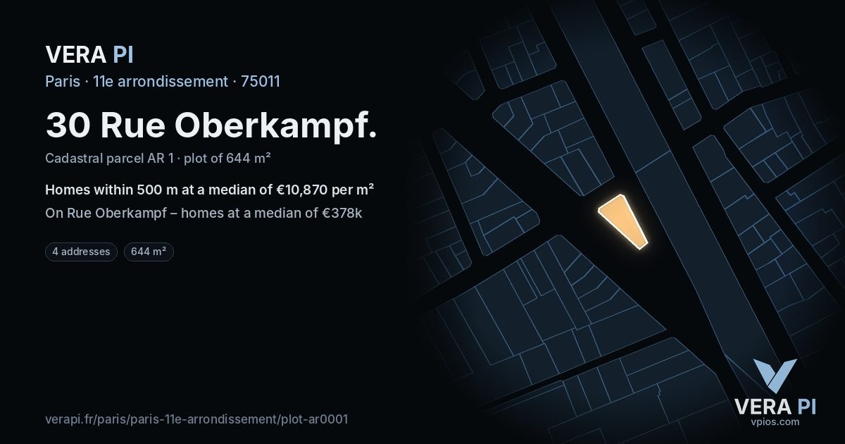 30 Rue Oberkampf, 11e arrondissement at night – the plot lit, the parcels around coloured by the prices near them