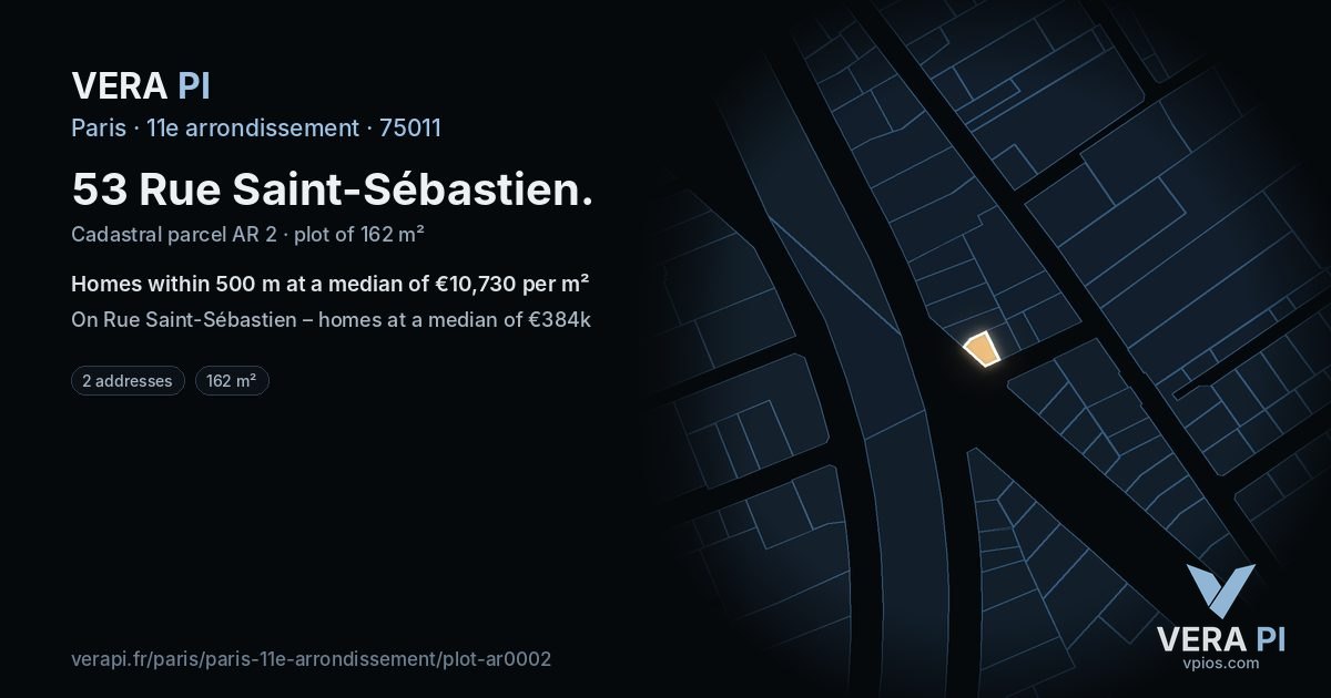53 Rue Saint-Sébastien, 11e arrondissement at night – the plot lit, the parcels around coloured by the prices near them