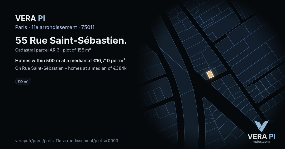 55 Rue Saint-Sébastien, 11e arrondissement at night – the plot lit, the parcels around coloured by the prices near them