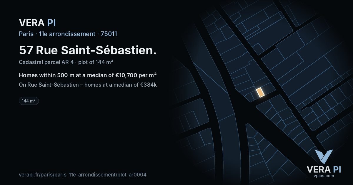 57 Rue Saint-Sébastien, 11e arrondissement at night – the plot lit, the parcels around coloured by the prices near them