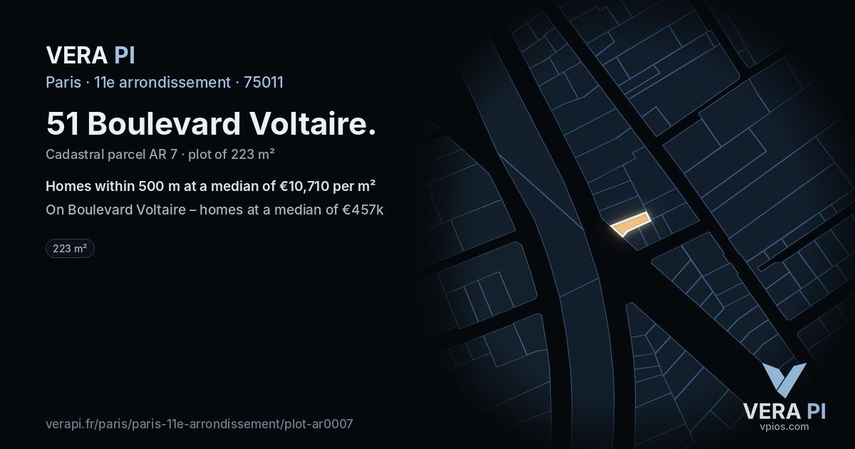 51 Boulevard Voltaire, 11e arrondissement at night – the plot lit, the parcels around coloured by the prices near them